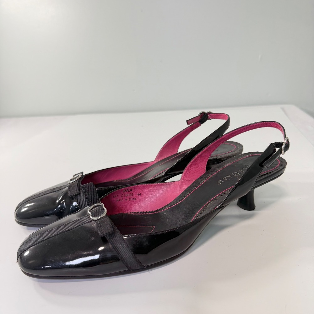 Cole Haan Black Patent Leather Slingback Kitten Heels Pink Lining 9AA